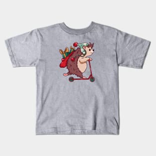 Cute Cartoon Christmas Hedgehog on Scooter Kids T-Shirt